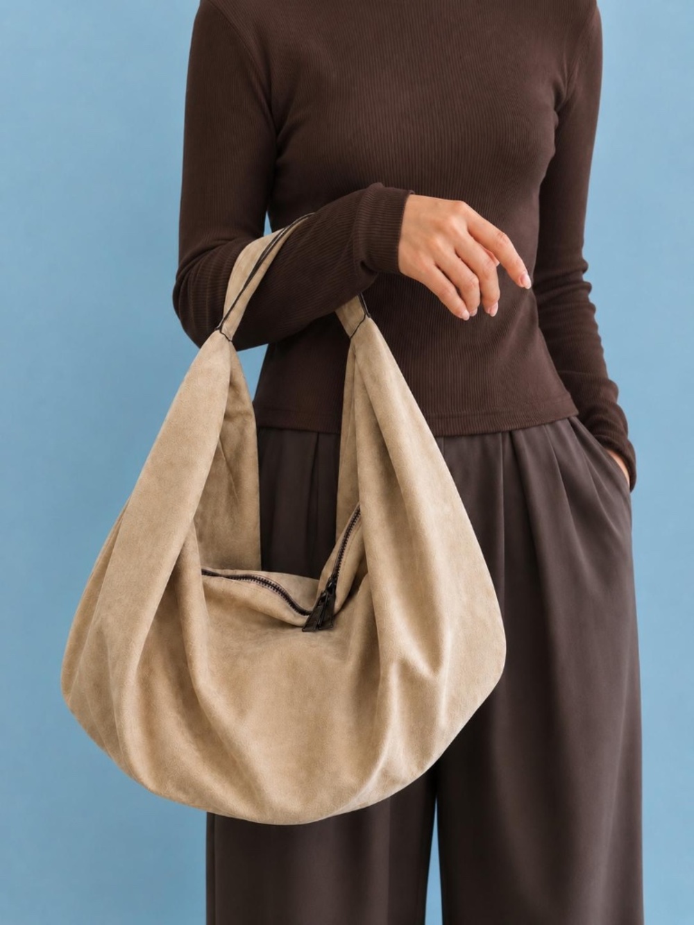 Beige Hobo Bag Slouchy Shoulder Soft Suede Tote Purse Large Crescent Handbag